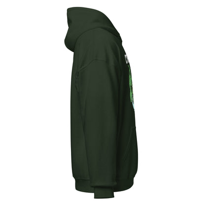 Right profile of a forest green hoodie showing side seam detail and a small portion of the Cthuloops design.