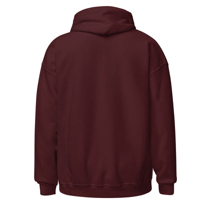 Back of maroon hoodie with plain panel showing garment silhouette for the slasher parody horror item. By Strange & Twisted.