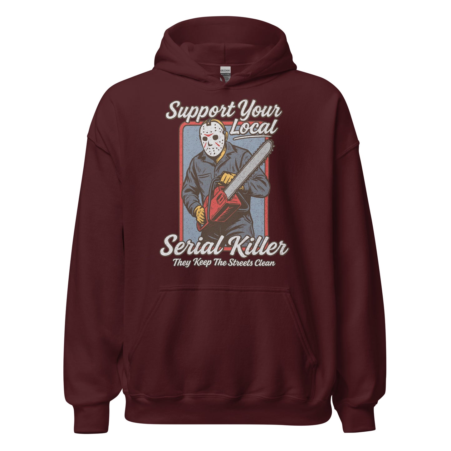 Front of maroon hoodie featuring distressed white retro slasher-parody chainsaw artwork for horror fans. By Strange & Twisted.