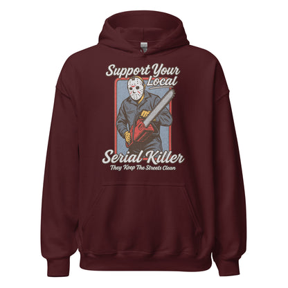 Front of maroon hoodie featuring distressed white retro slasher-parody chainsaw artwork for horror fans. By Strange & Twisted.