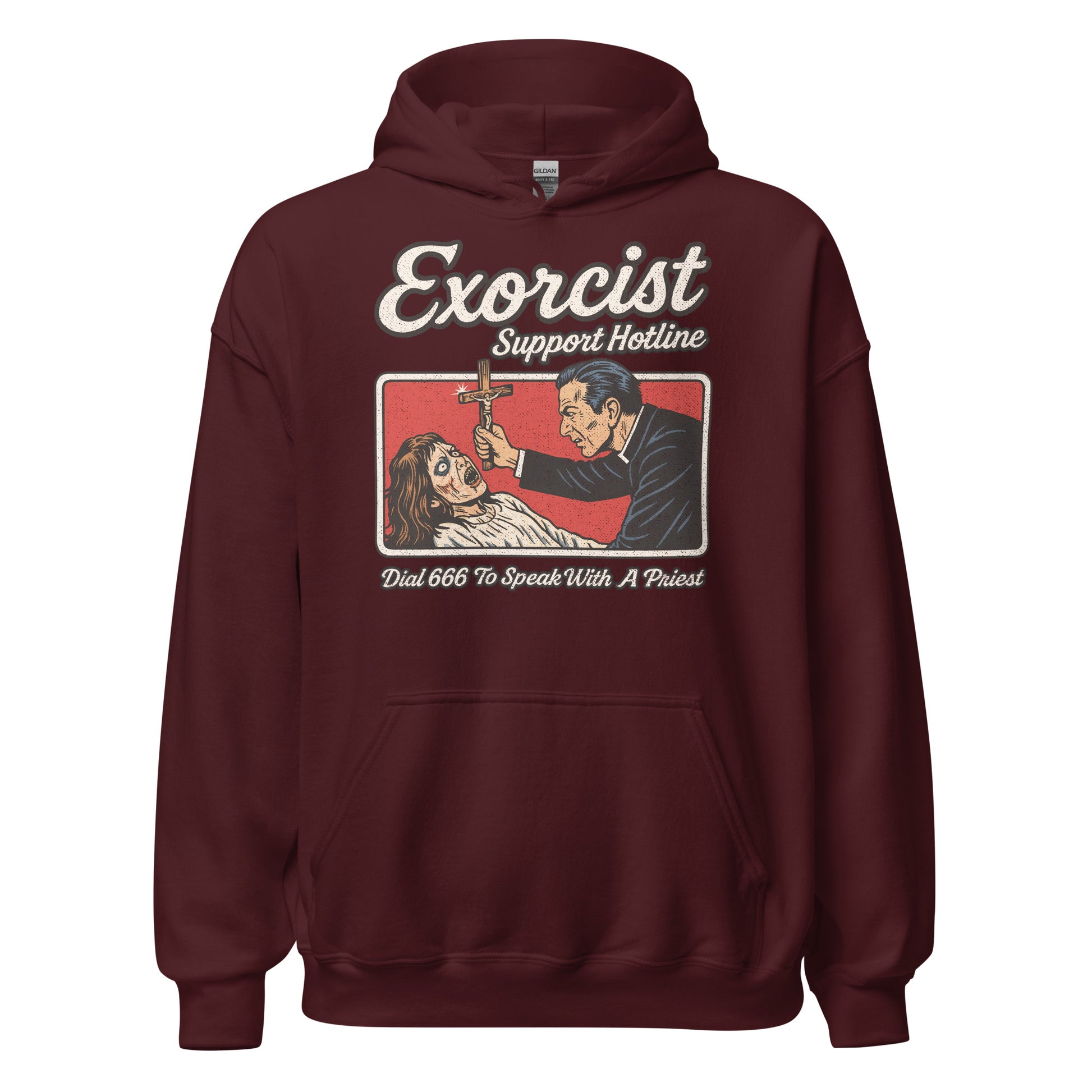 Front of maroon hoodie featuring distressed exorcist hotline scene with retro horror theme. By Strange & Twisted.