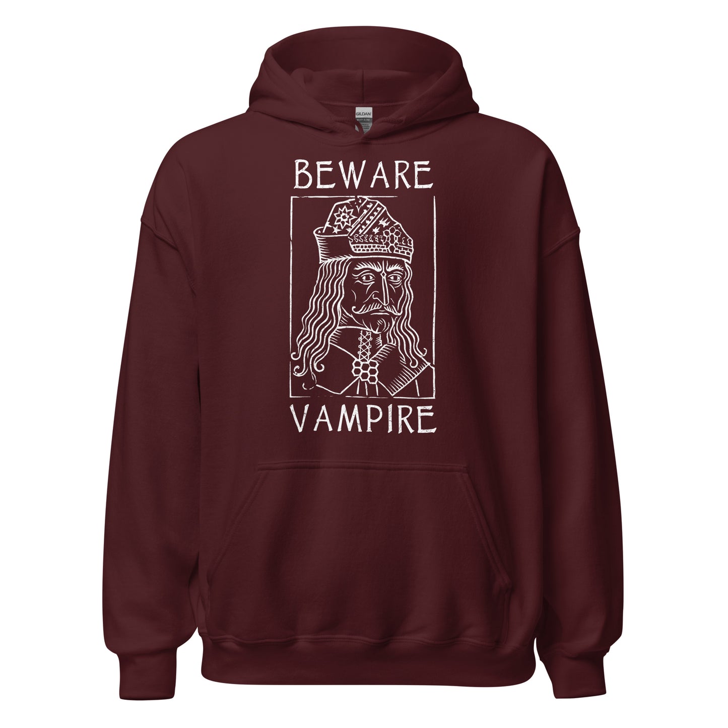 Maroon hoodie with white medieval Vlad the Impaler artwork in gothic folklore theme, By Strange and Twisted