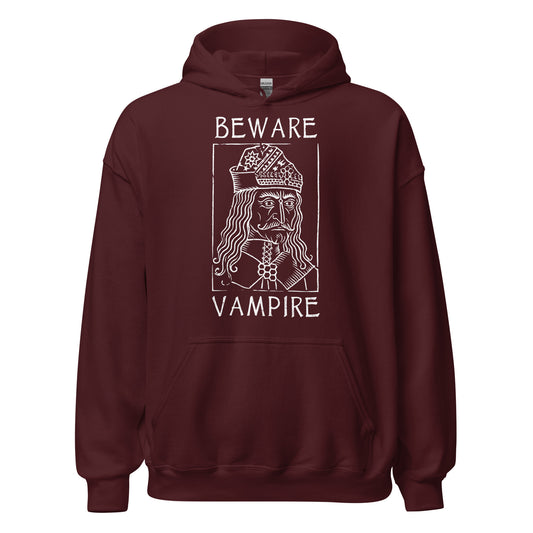 Maroon hoodie with white medieval Vlad the Impaler artwork in gothic folklore theme, By Strange and Twisted