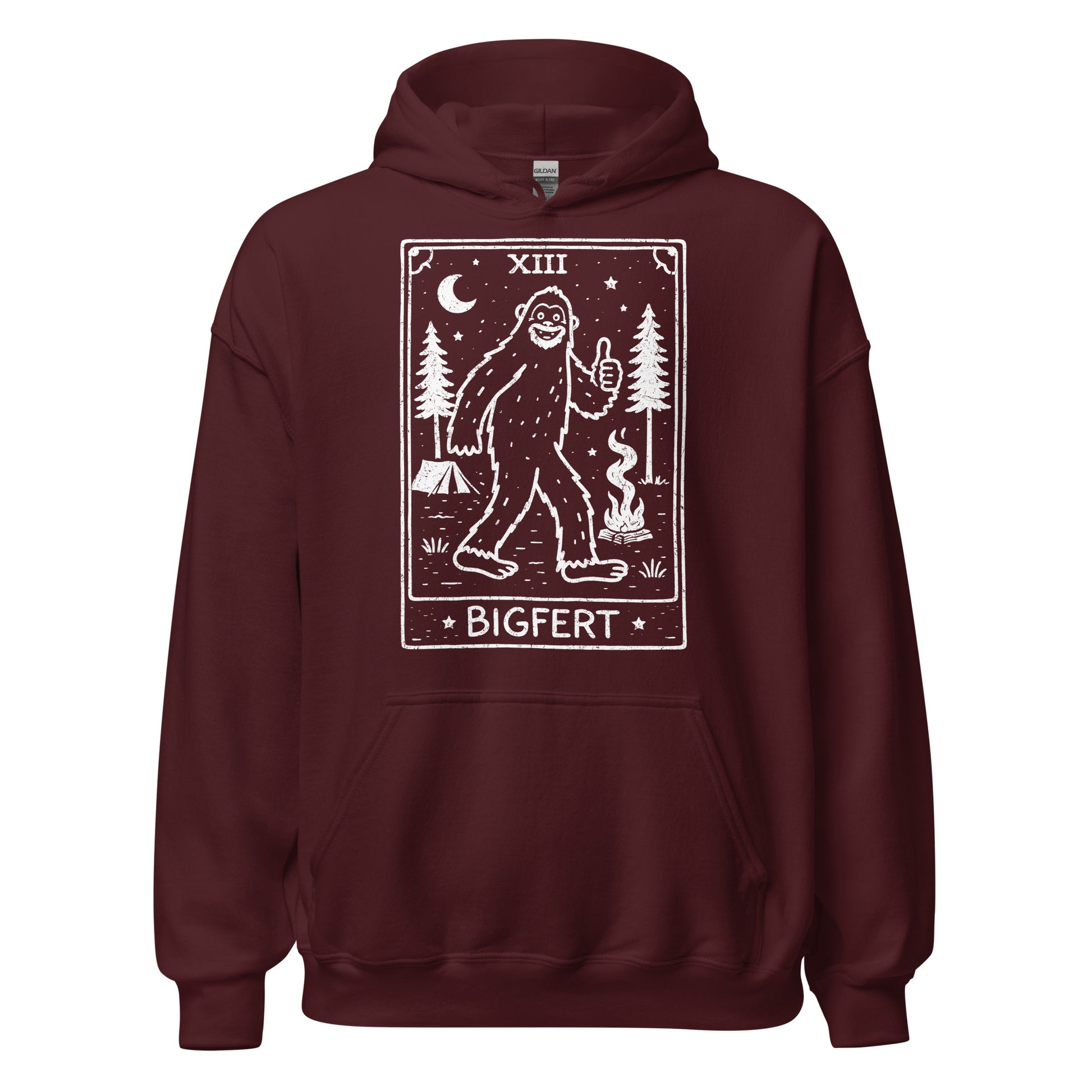 Maroon hoodie with a graphic of a Bigfoot creature and text on a white background
