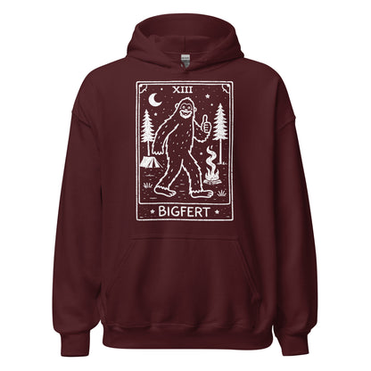 Maroon hoodie with a graphic of a Bigfoot creature and text on a white background
