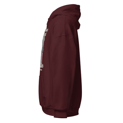 Left side of maroon hoodie showing sleeve shape and side fit supporting the bold horror parody graphic. By Strange & Twisted.