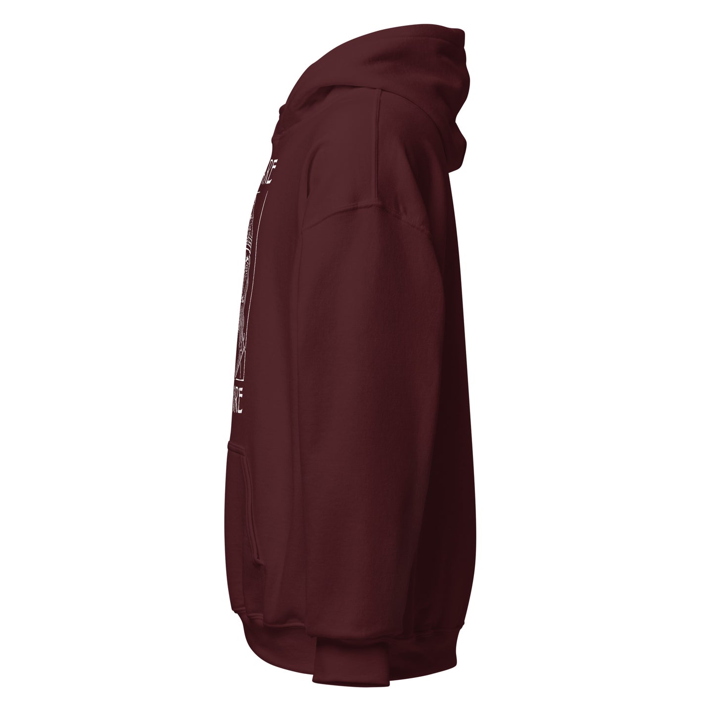 Left side of maroon hoodie highlighting sleeve shape and woodcut style design, By Strange and Twisted