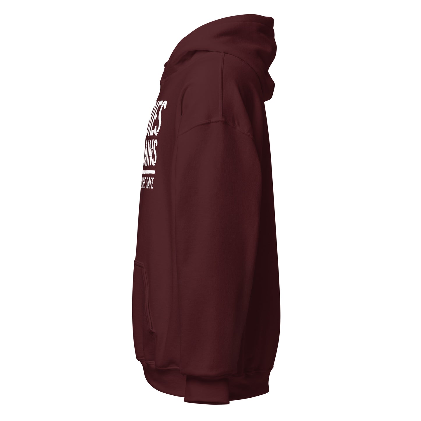 Left side view of maroon hoodie showing sleeve and partial zombie humour text.