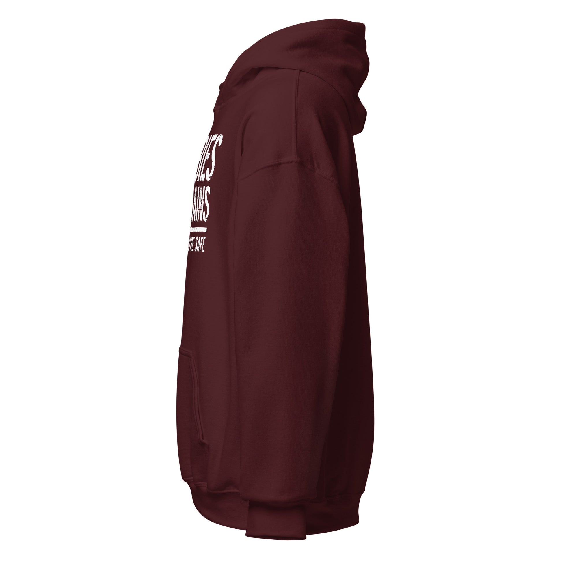Left side view of maroon hoodie showing sleeve and partial zombie humour text.