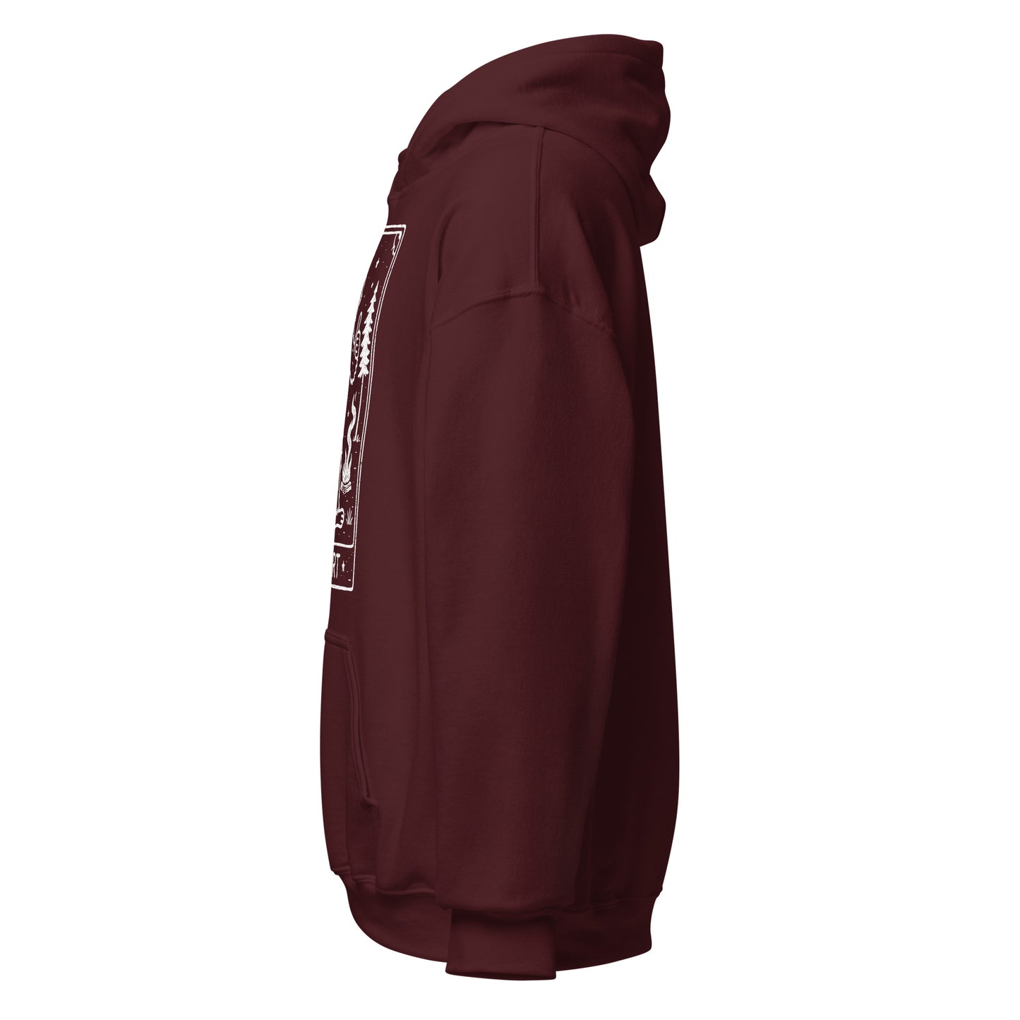 Maroon hoodie with a small white logo on the chest area against a white background