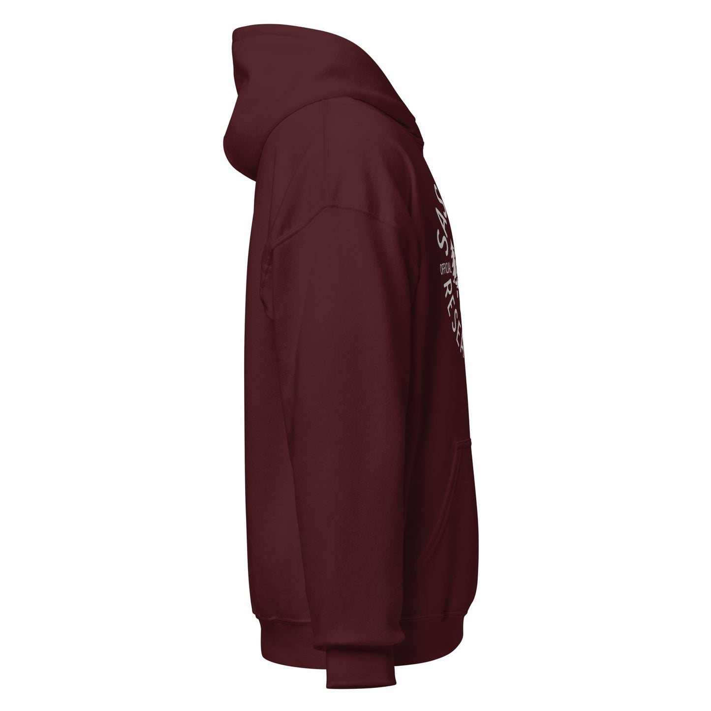 Maroon hoodie right profile with sleeve and hood visible, slight view of printed design, By Strange & Twisted