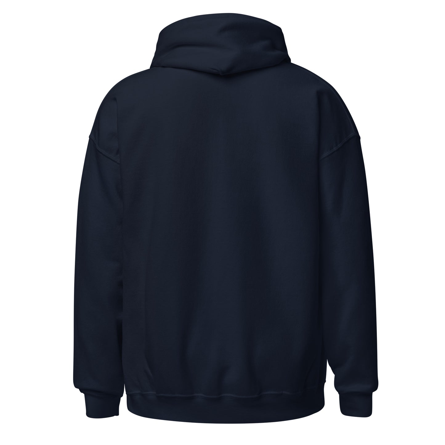 Back of navy hoodie with blank rear view, By Strange and Twisted
