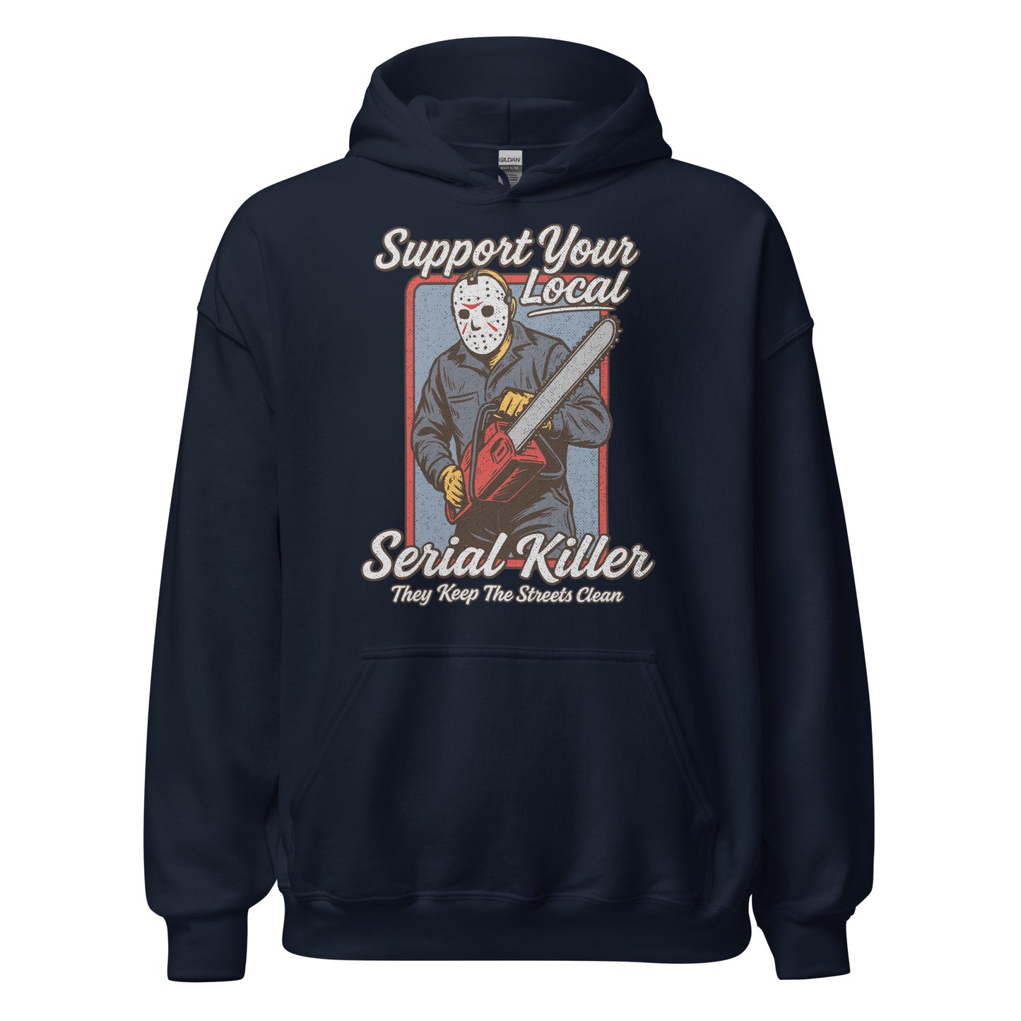 Front of navy hoodie displaying distressed slasher-parody artwork with masked character and chainsaw in vintage horror style. By Strange & Twisted.