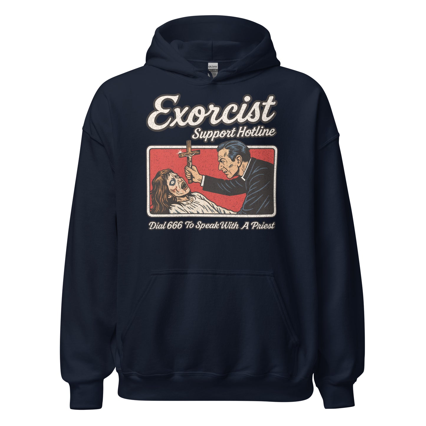 Front of navy hoodie displaying vintage exorcist hotline illustration with distressed paranormal artwork. By Strange & Twisted.