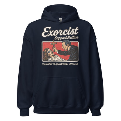 Front of navy hoodie displaying vintage exorcist hotline illustration with distressed paranormal artwork. By Strange & Twisted.