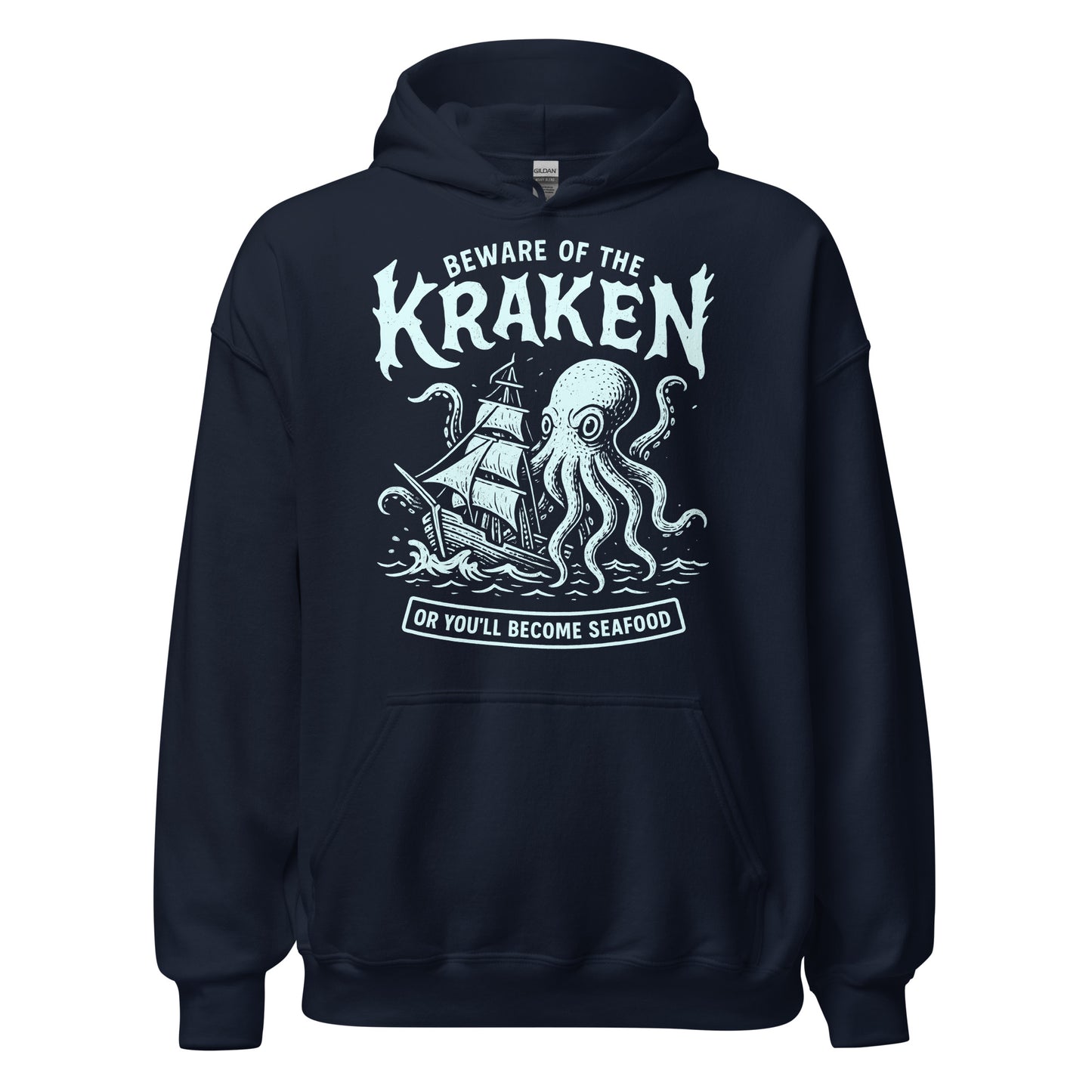 Navy hoodie featuring seafoam Kraken attacking ship artwork with bold lettering, By Strange & Twisted