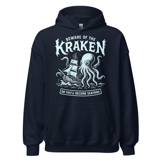 Navy hoodie featuring seafoam Kraken attacking ship artwork with bold lettering, By Strange & Twisted
