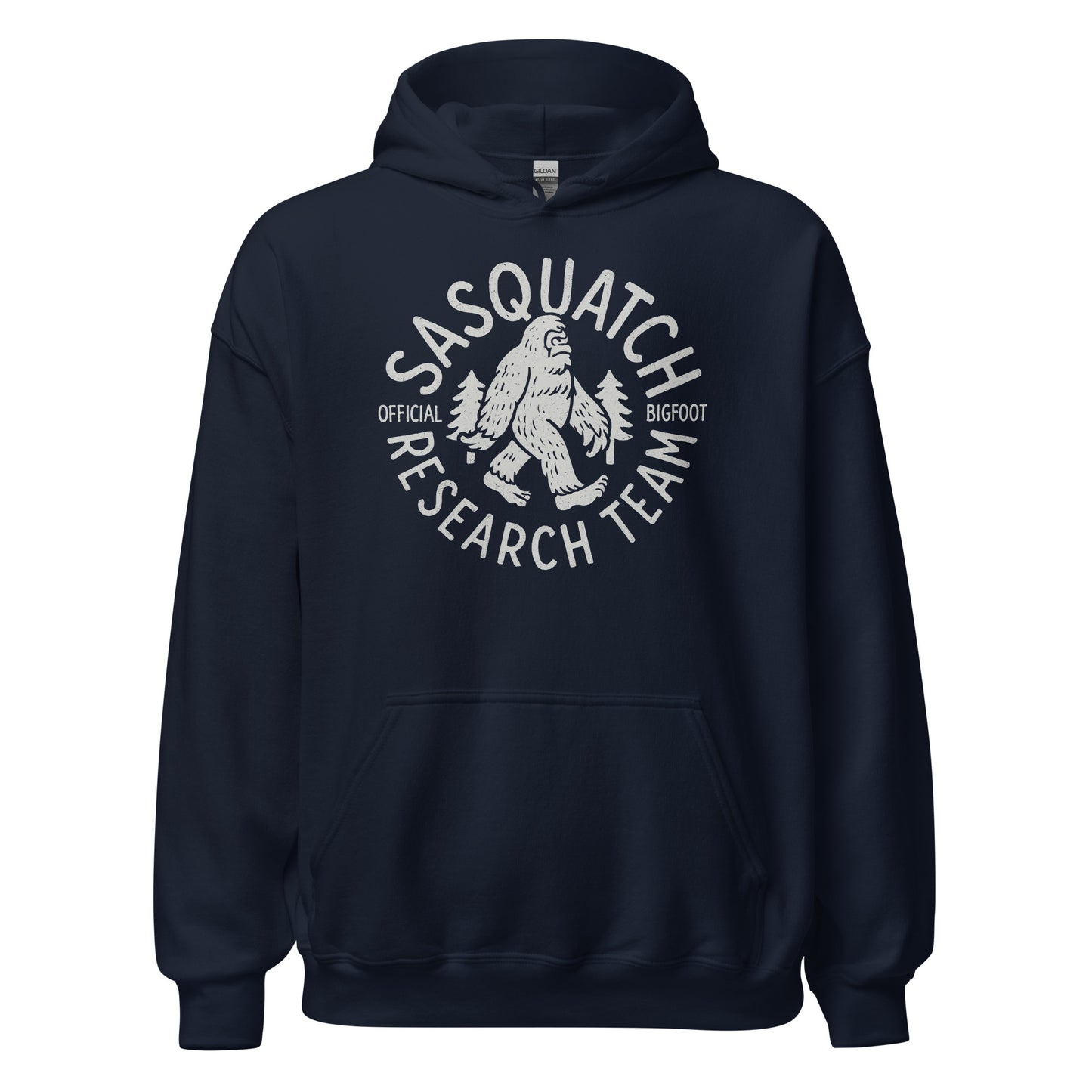 Navy hoodie with Sasquatch Research Team Bigfoot emblem in light grey, centered on chest, circular cryptid graphic, By Strange & Twisted