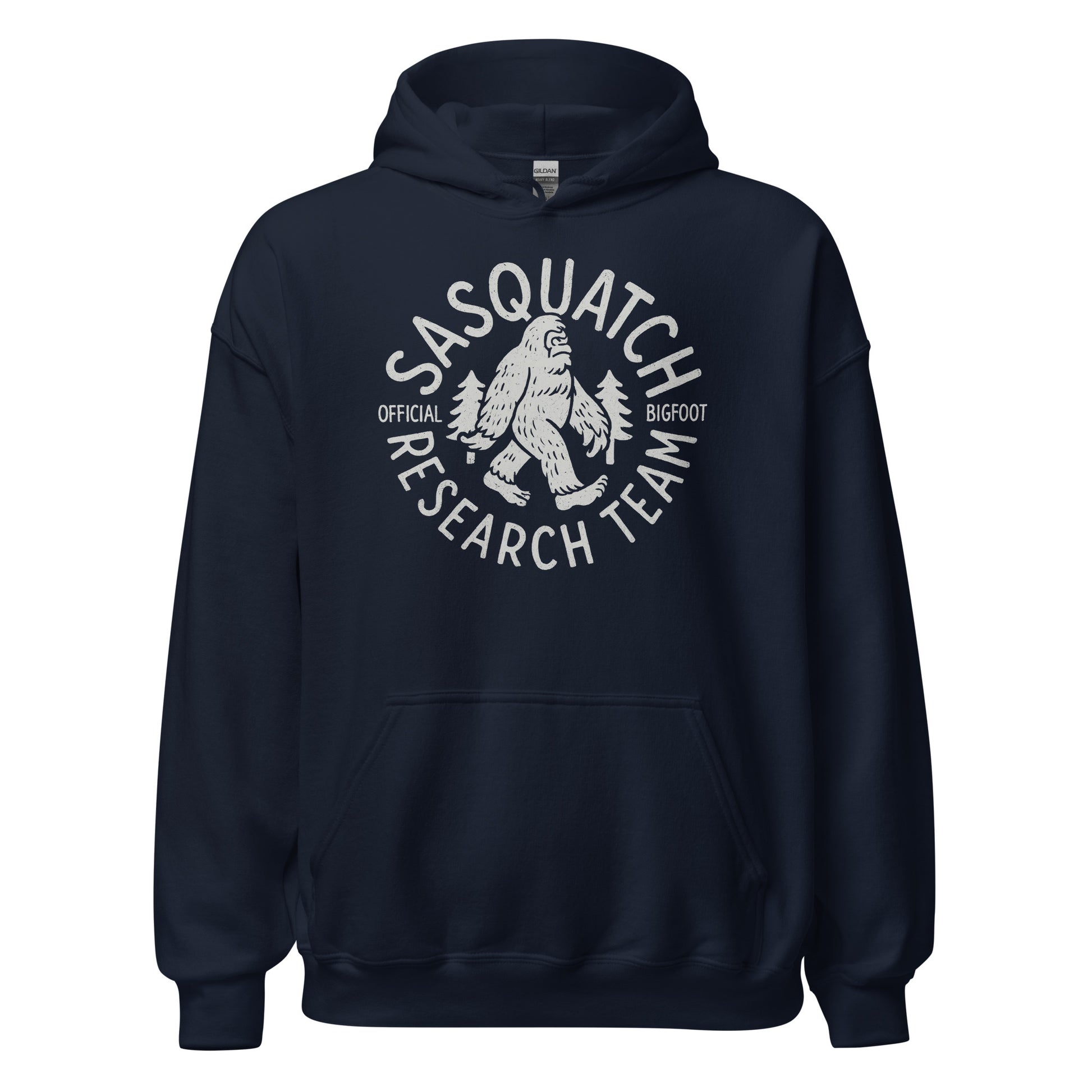Navy hoodie with Sasquatch Research Team Bigfoot emblem in light grey, centered on chest, circular cryptid graphic, By Strange & Twisted
