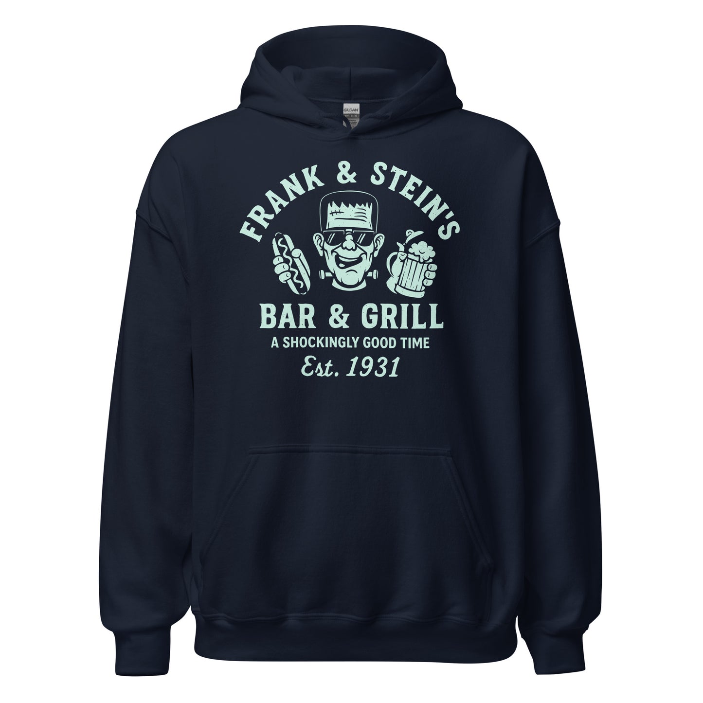 Navy hoodie with mint Frank and Stein’s Bar and Grill monster parody artwork with retro pub theme, By Strange & Twisted