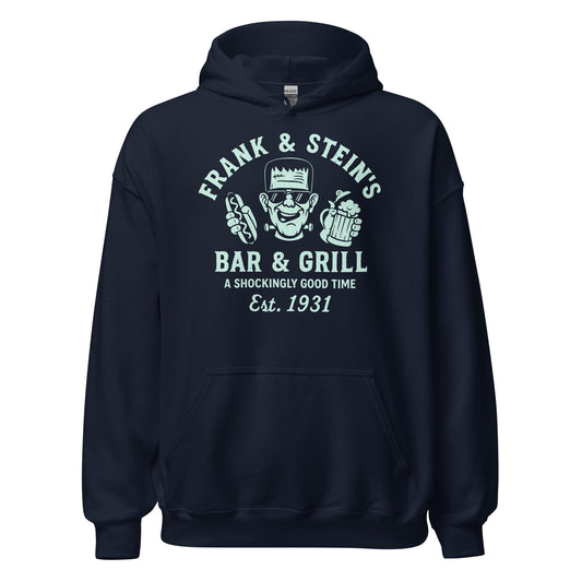 Navy hoodie with mint Frank and Stein’s Bar and Grill monster parody artwork with retro pub theme, By Strange & Twisted