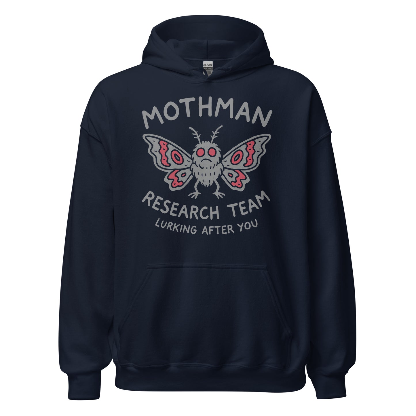 Navy hoodie featuring grey and red Mothman Research Team design for cryptid fans, By Strange & Twisted