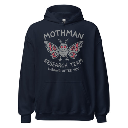 Navy hoodie featuring grey and red Mothman Research Team design for cryptid fans, By Strange & Twisted
