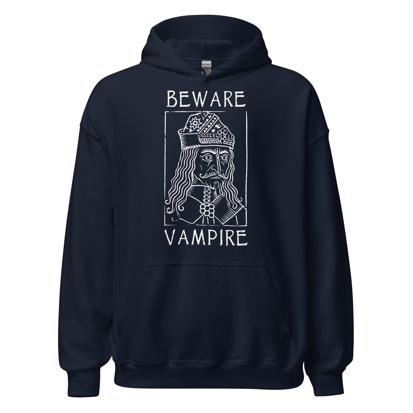 Navy hoodie with white Beware Vampire Vlad medieval illustration in folklore woodcut style, By Strange and Twisted