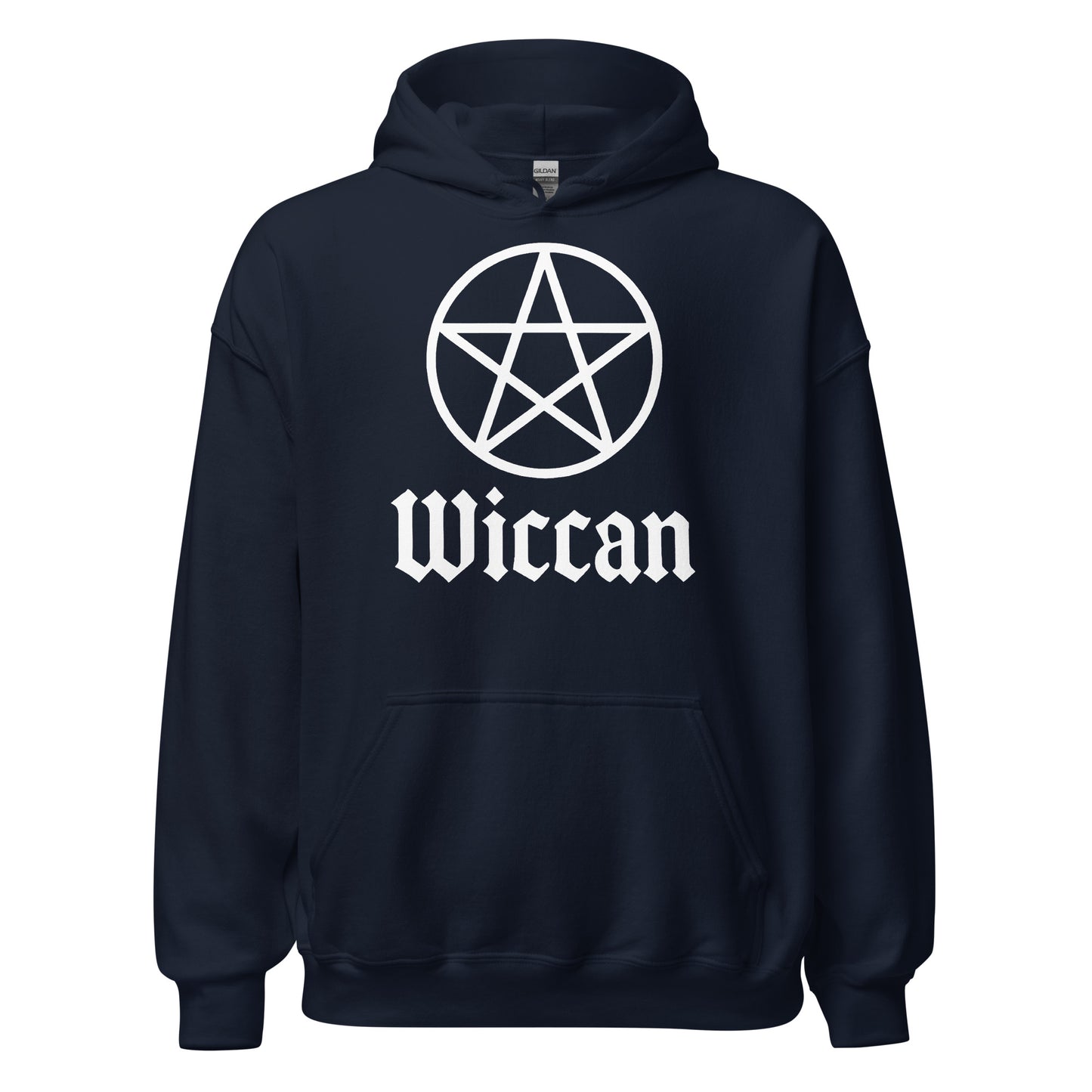 Navy hoodie with bold white Wiccan pentacle symbol and Wiccan lettering, By Strange and Twisted