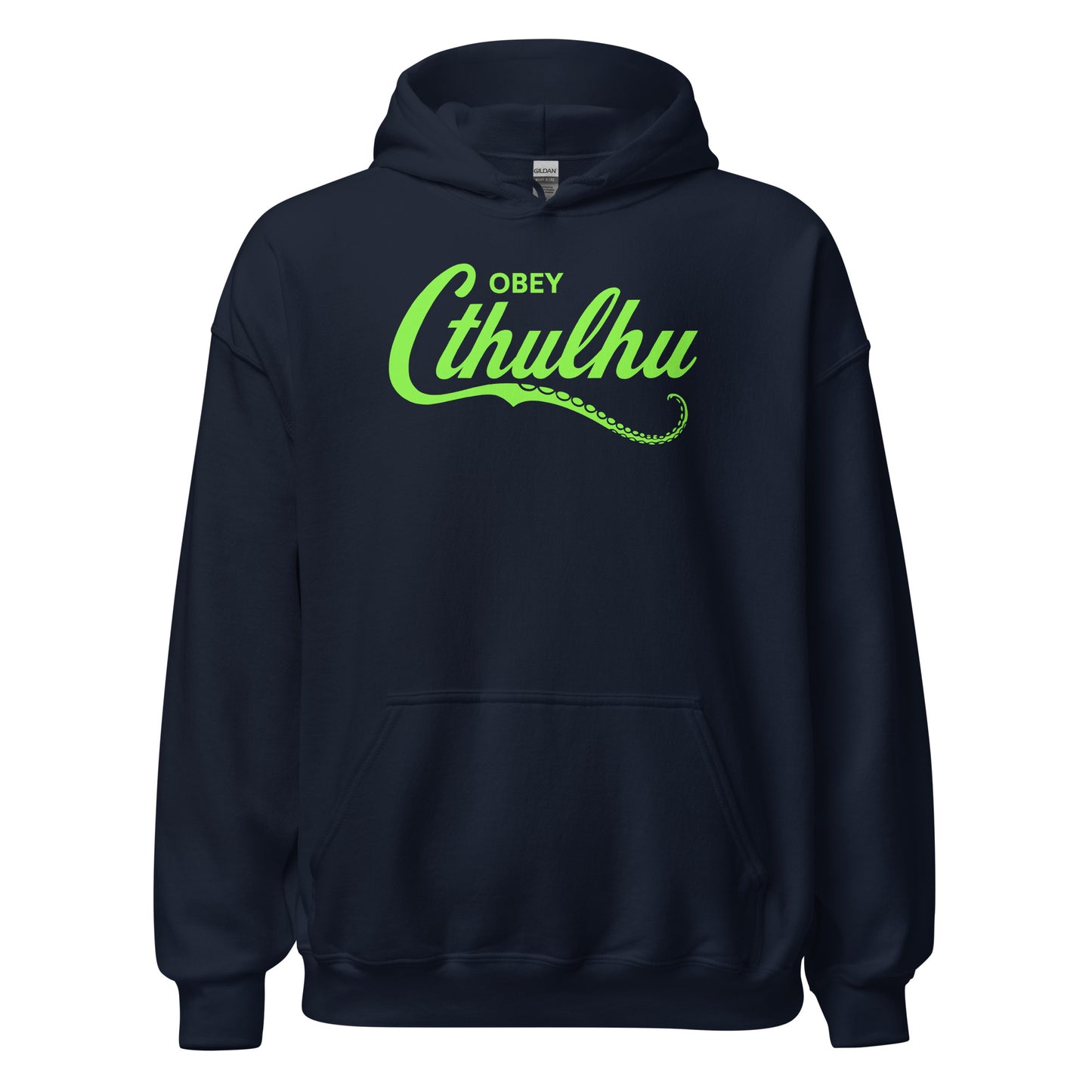 Navy hoodie with neon green Obey Cthulhu script and tentacle artwork, By Strange and Twisted