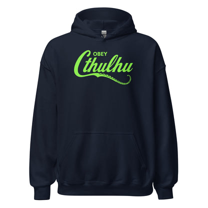 Navy hoodie with neon green Obey Cthulhu script and tentacle artwork, By Strange and Twisted