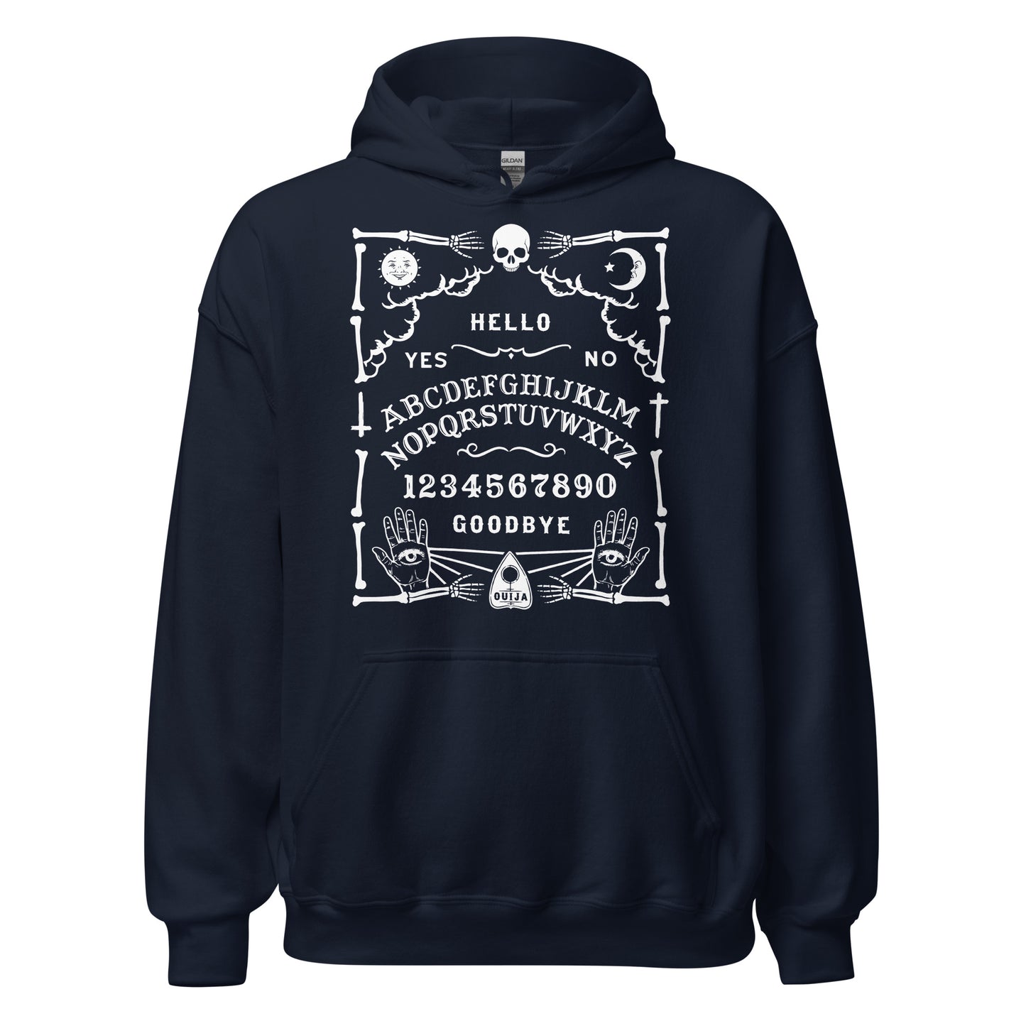 Navy hoodie with white Ouija board artwork including skull, moon, sun, alphabet, numbers and mystical hands.