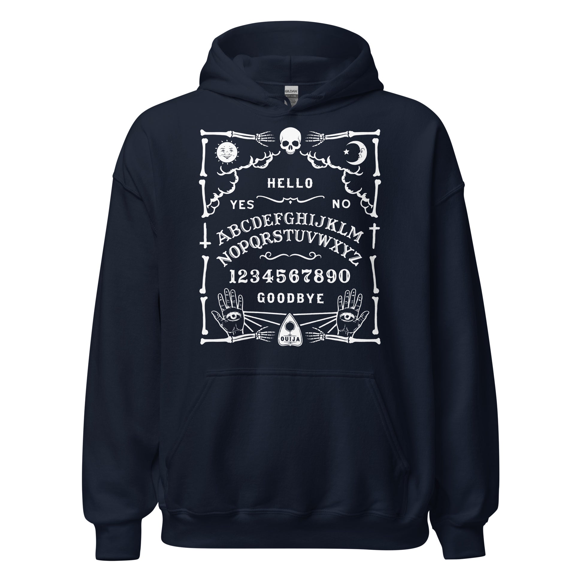 Navy hoodie with white Ouija board artwork including skull, moon, sun, alphabet, numbers and mystical hands.