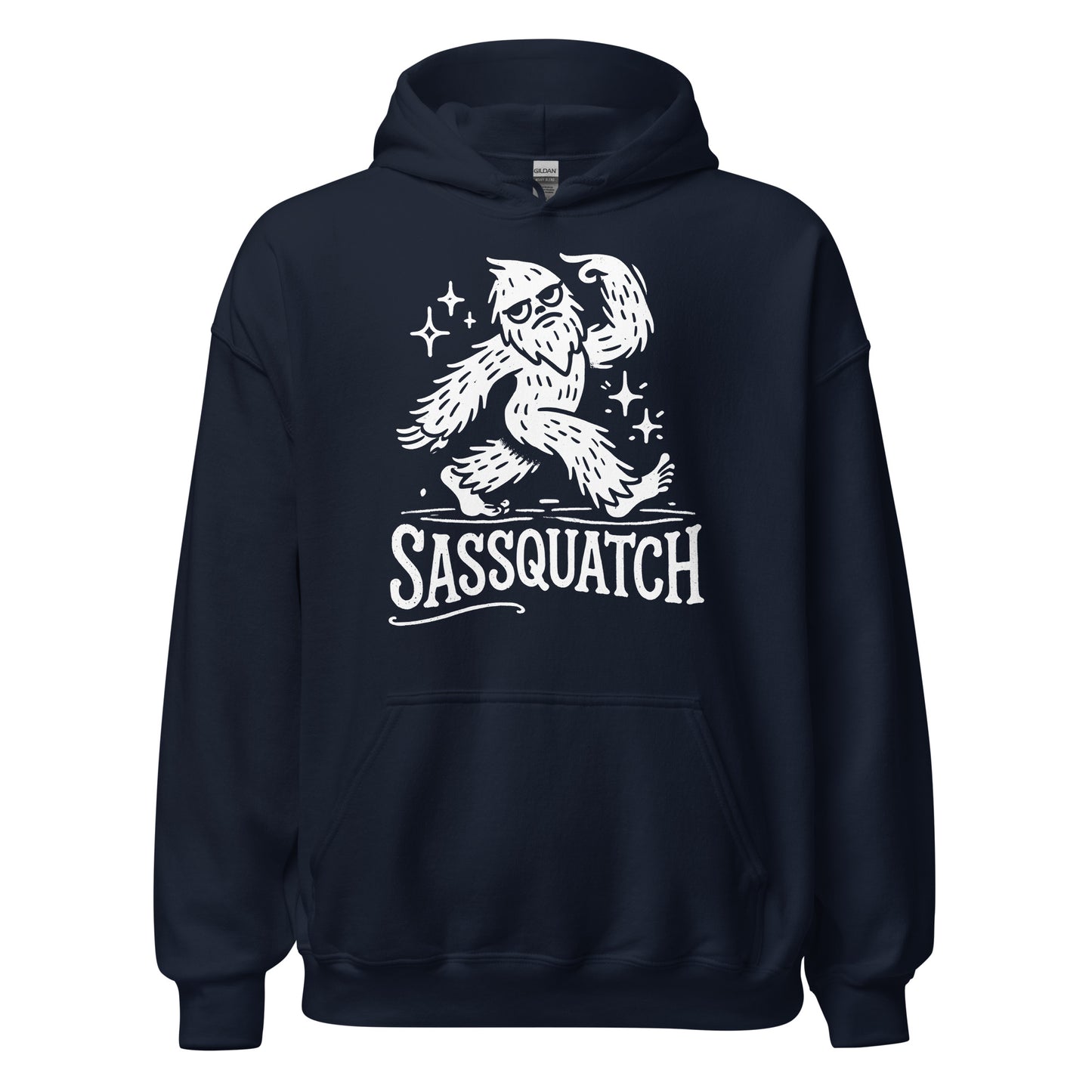 Navy hoodie displaying a high contrast white Bigfoot cartoon with raised arm pose and playful sparkles.