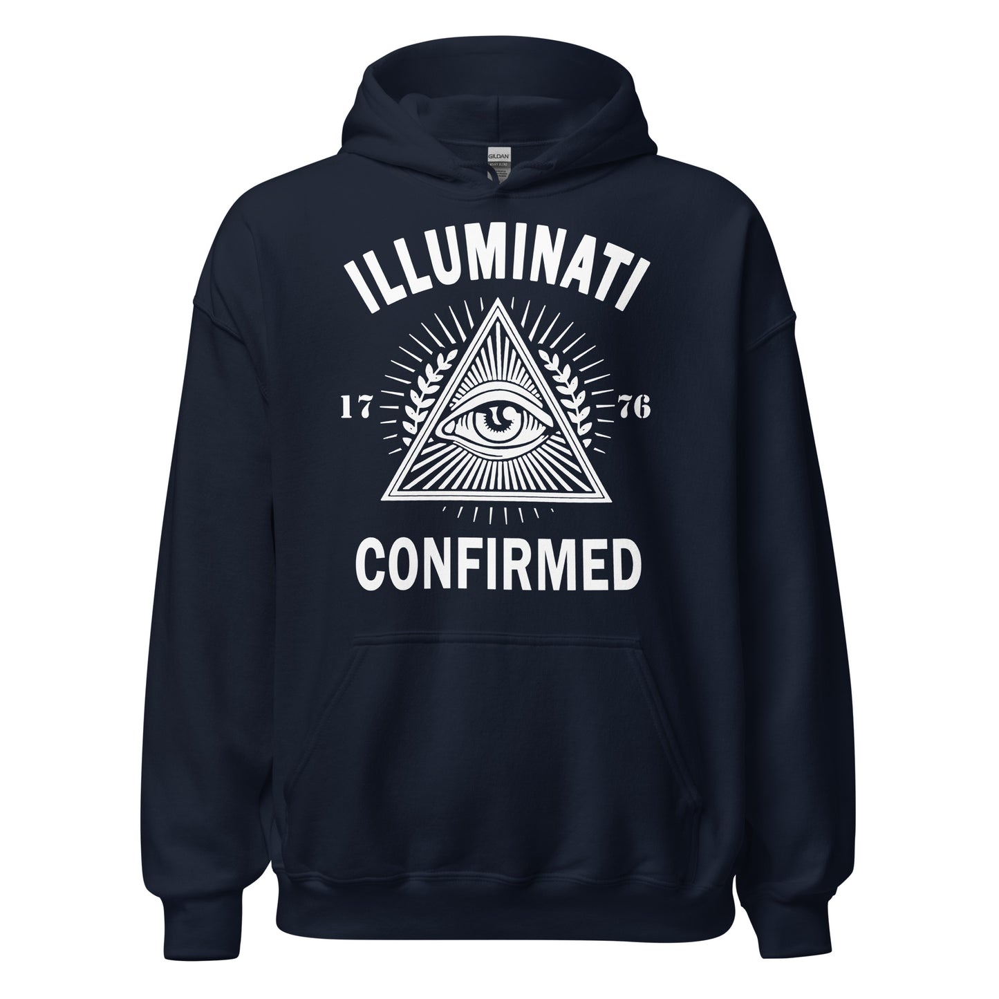 Navy hoodie displaying a high contrast all seeing eye triangle with radiant lines and bold Illuminati Confirmed text.