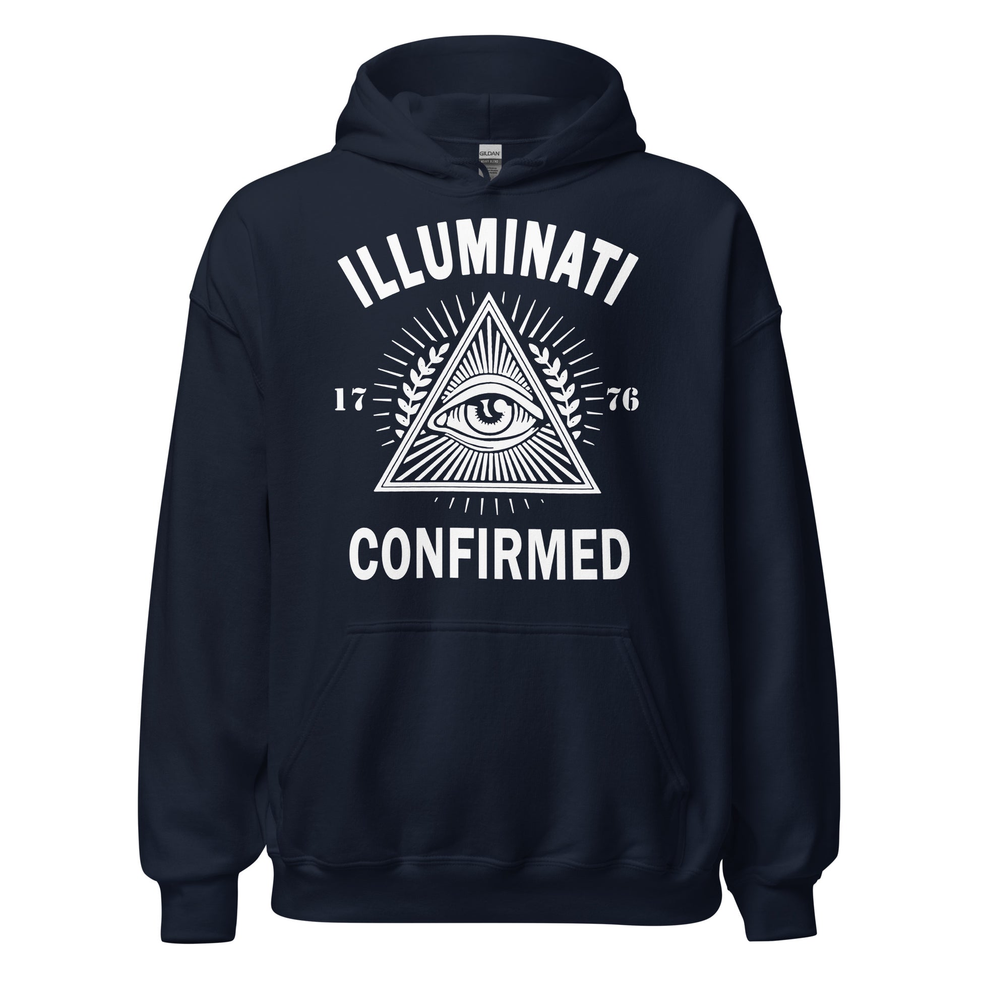Navy hoodie displaying a high contrast all seeing eye triangle with radiant lines and bold Illuminati Confirmed text.