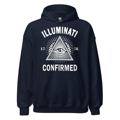 Navy hoodie displaying a high contrast all seeing eye triangle with radiant lines and bold Illuminati Confirmed text.