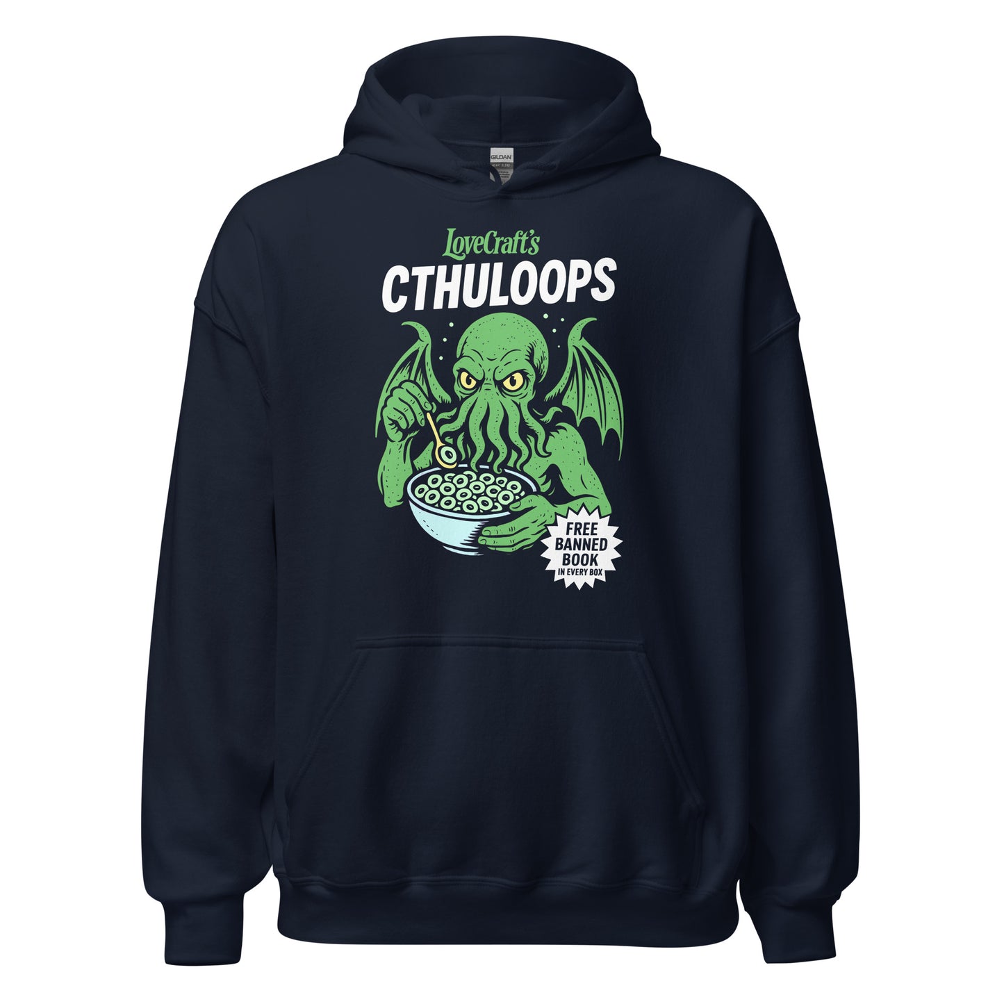 Navy hoodie featuring a humorous Lovecraft parody with Cthulhu seated and eating cereal from a bowl.