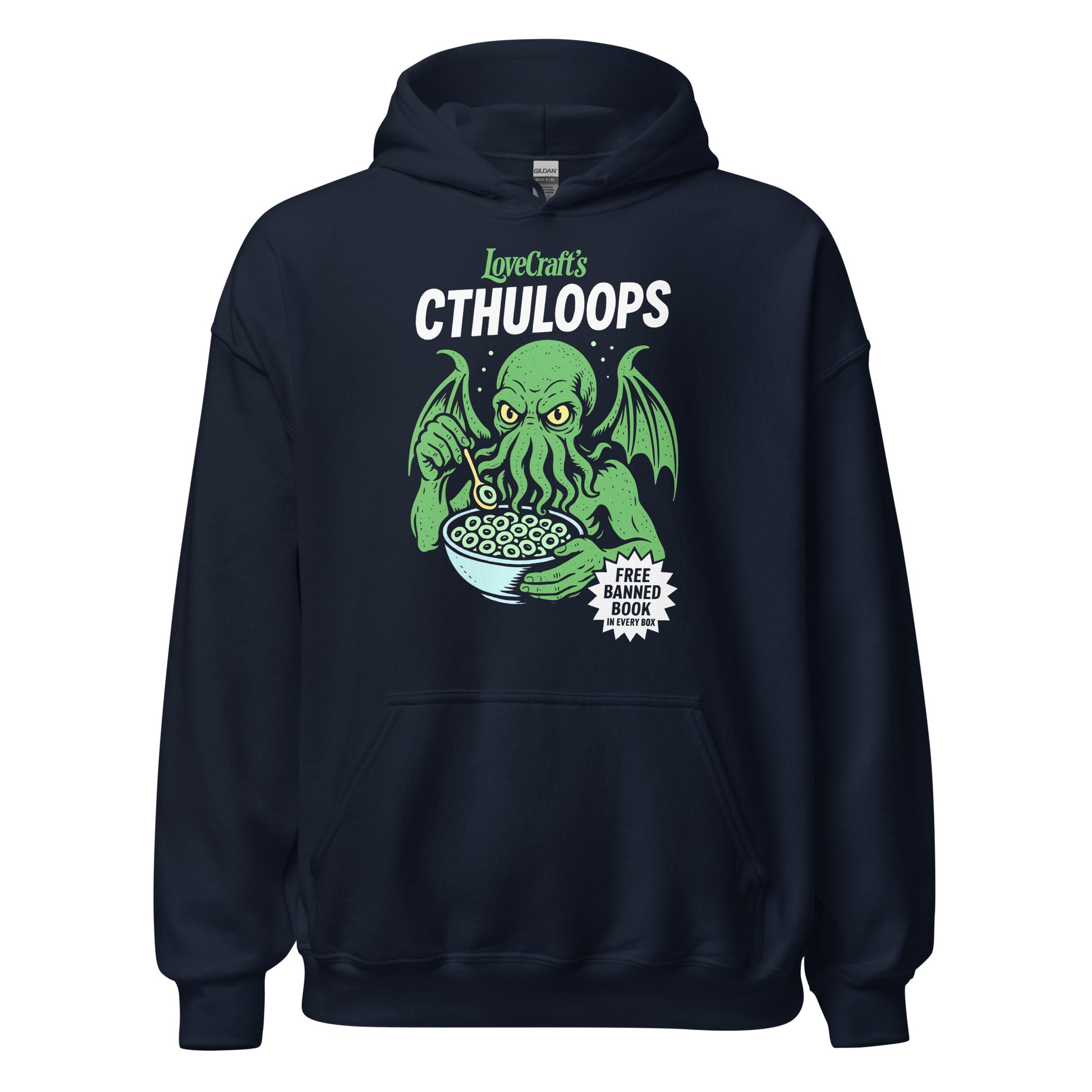 Navy hoodie featuring a humorous Lovecraft parody with Cthulhu seated and eating cereal from a bowl.