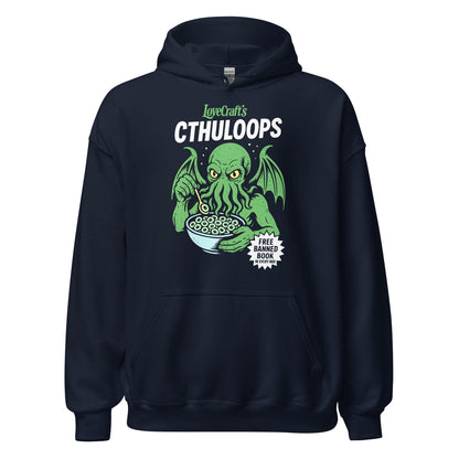 Navy hoodie featuring a humorous Lovecraft parody with Cthulhu seated and eating cereal from a bowl.