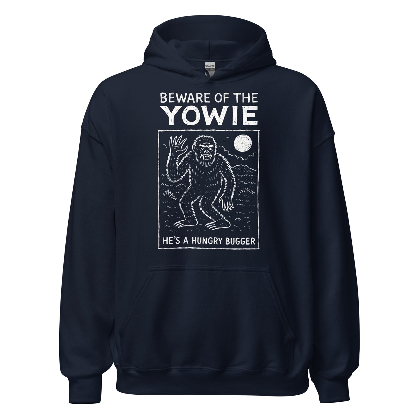 Navy hoodie front view featuring Australian Yowie cryptid illustration.
