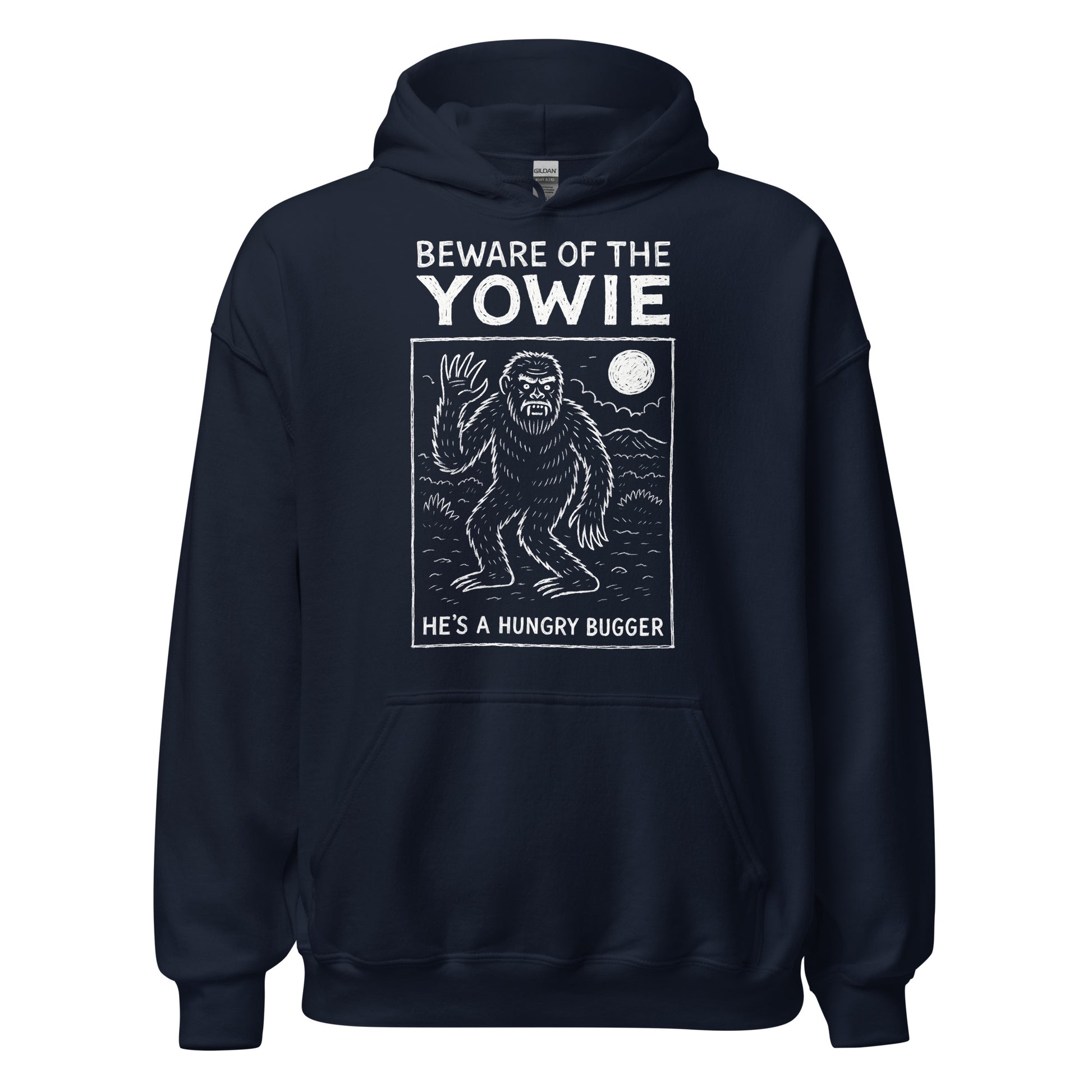 Navy hoodie front view featuring Australian Yowie cryptid illustration.