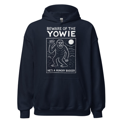 Navy hoodie front view featuring Australian Yowie cryptid illustration.