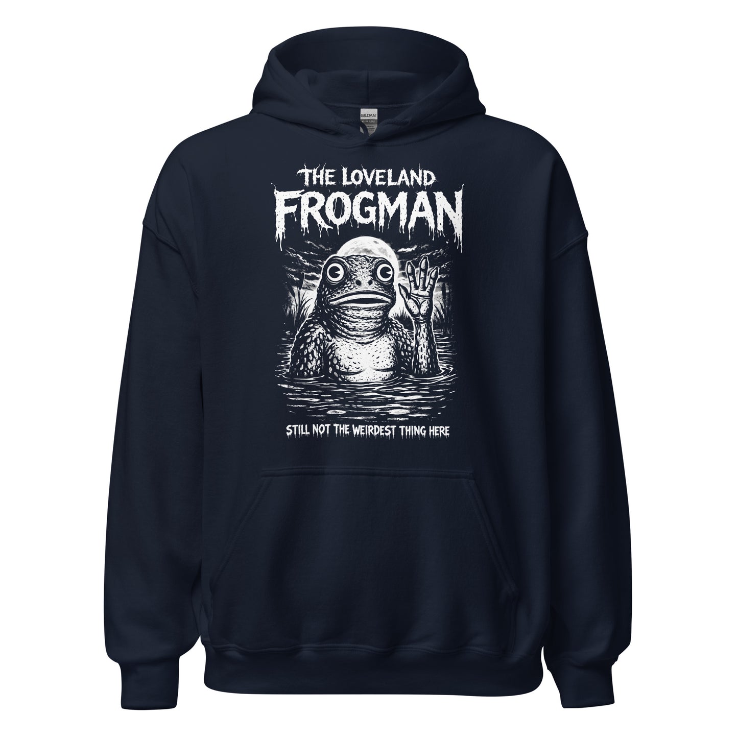 Loveland Frogman cryptid hoodie front view on navy hoodie with horror comic style illustration