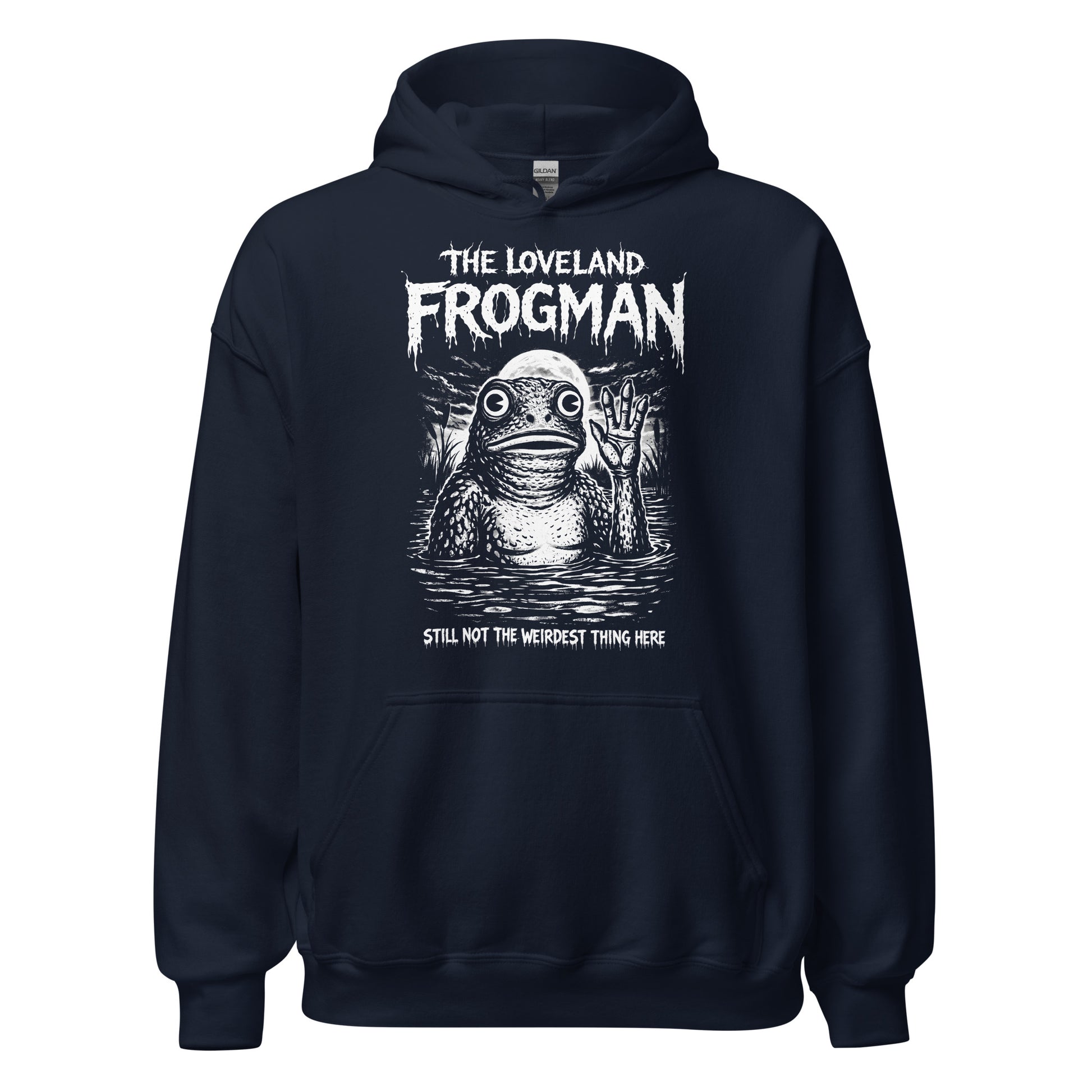 Loveland Frogman cryptid hoodie front view on navy hoodie with horror comic style illustration