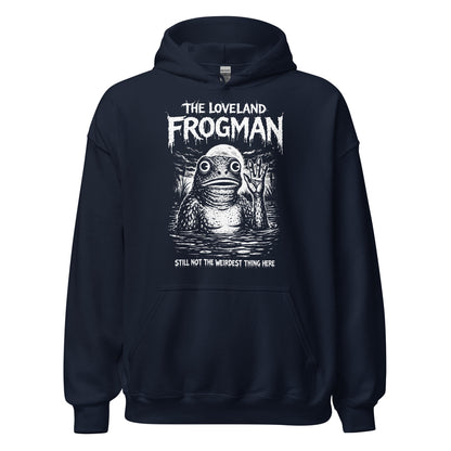 Loveland Frogman cryptid hoodie front view on navy hoodie with horror comic style illustration