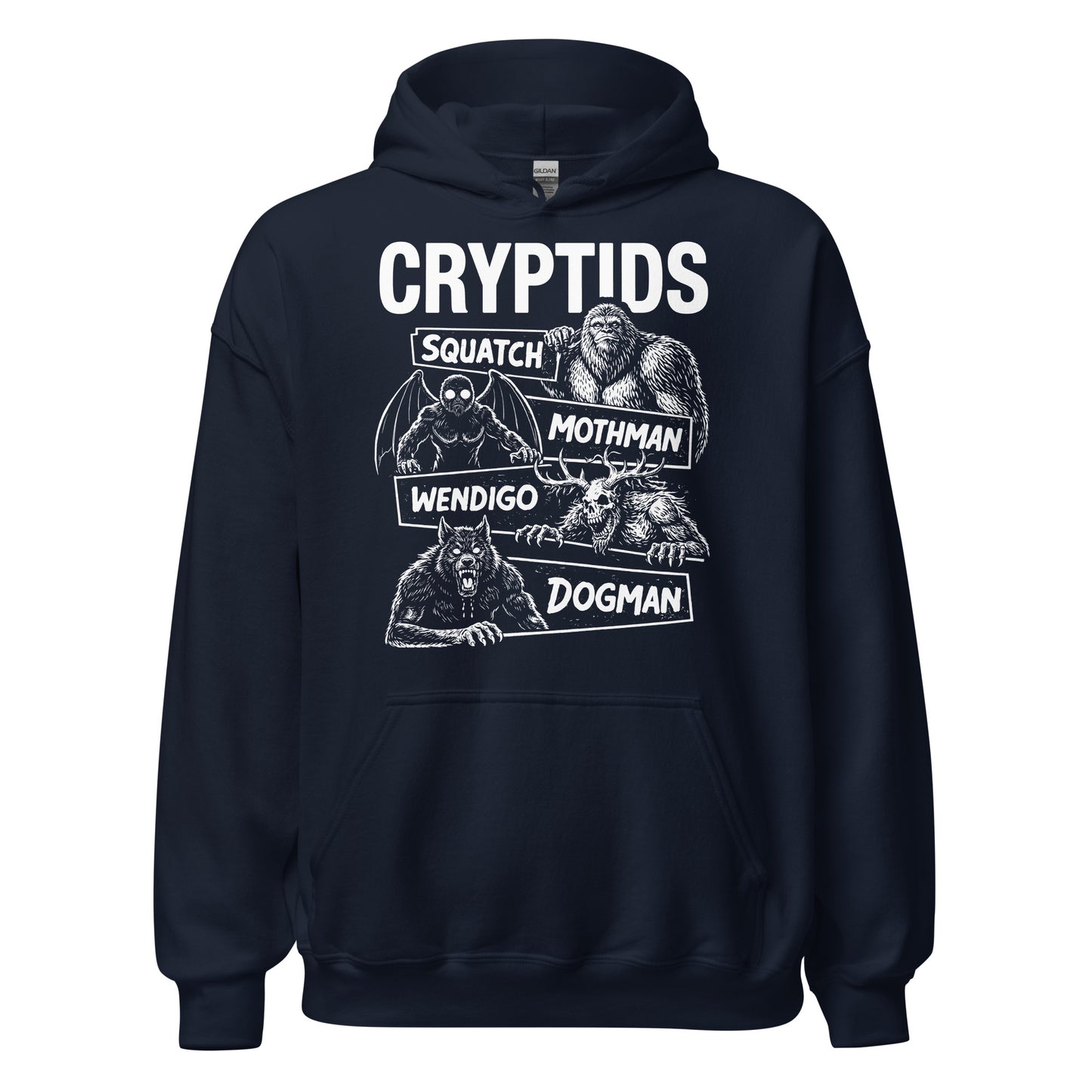 Cryptids hoodie on navy showing Squatch Mothman Wendigo and Dogman design