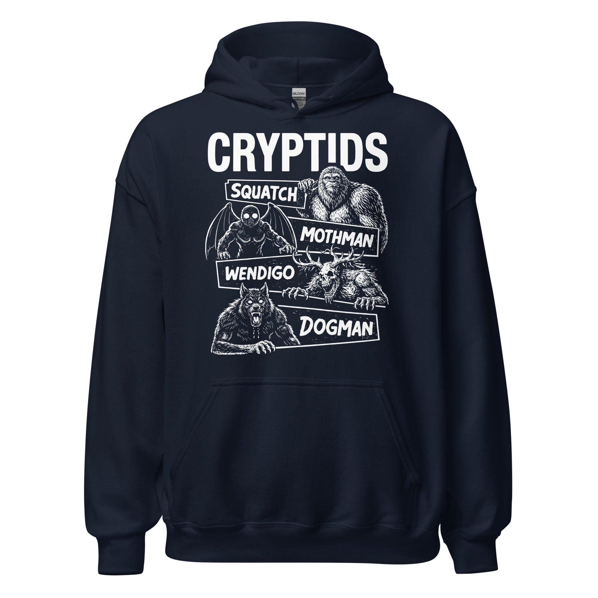 Cryptids hoodie on navy showing Squatch Mothman Wendigo and Dogman design