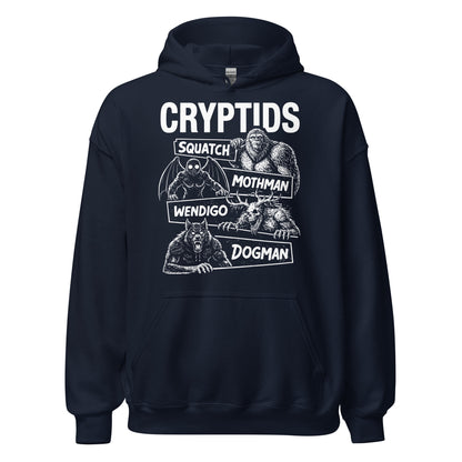 Cryptids hoodie on navy showing Squatch Mothman Wendigo and Dogman design