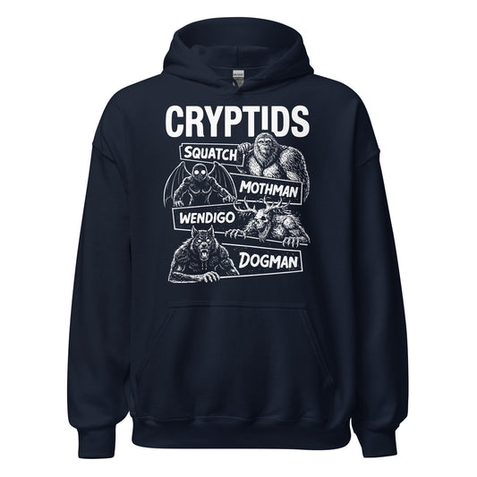 Cryptids hoodie on navy showing Squatch Mothman Wendigo and Dogman design